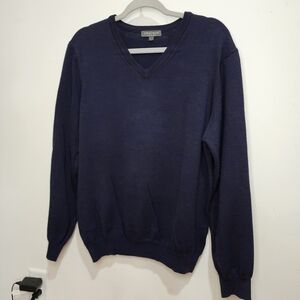 Lorenzo Magni Men's Deep Blue V-Neck Sweater, 100% Wool